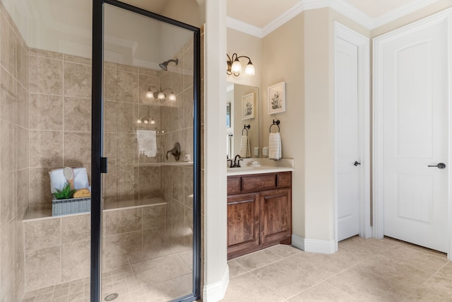 10014 Edgeway Cir, Rowlett, TX 75089 - bathroom with a stall shower, vanity, ornamental molding, and tile patterned flooring