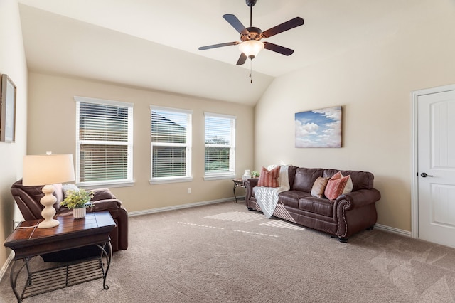10014 Edgeway Cir, Rowlett, TX 75089 - living room featuring ceiling fan, carpet flooring, vaulted ceiling, and baseboards
