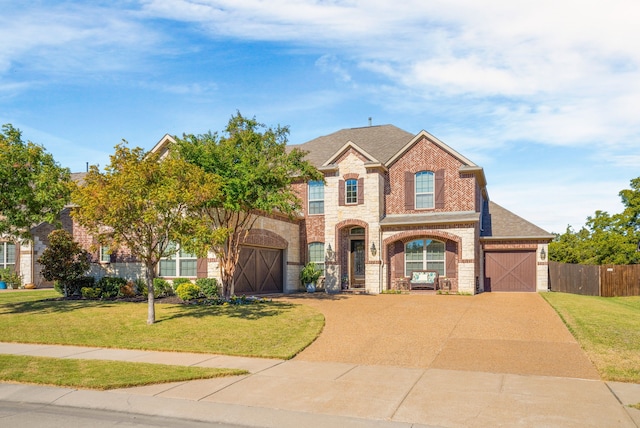 view of front of property with driveway, fence, a front lawn, and brick siding