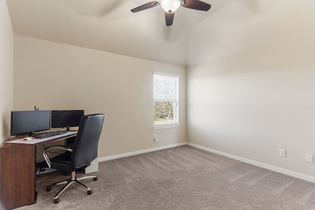 10014 Edgeway Cir, Rowlett, TX 75089 - carpeted home office with ceiling fan, baseboards, and vaulted ceiling