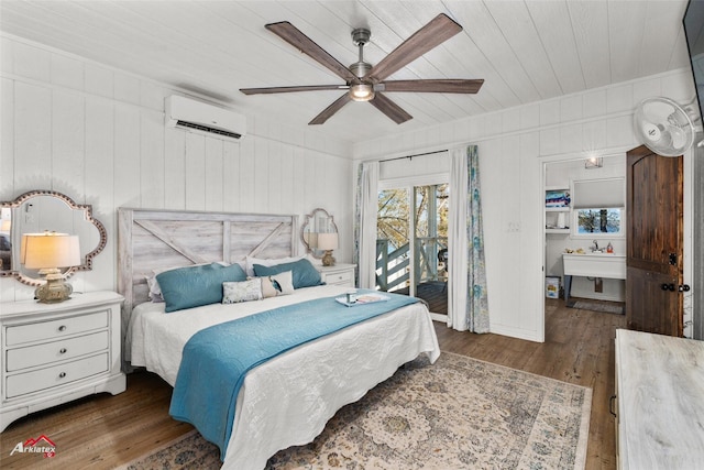 bedroom with access to exterior, ceiling fan, dark wood-type flooring, wooden ceiling, and an AC wall unit