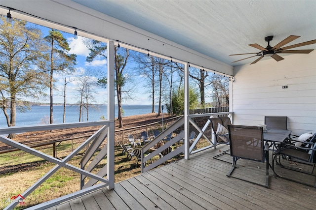 wooden deck featuring ceiling fan and a water view