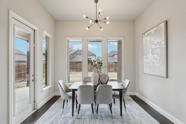 dining area featuring dark wood-type flooring and a chandelier