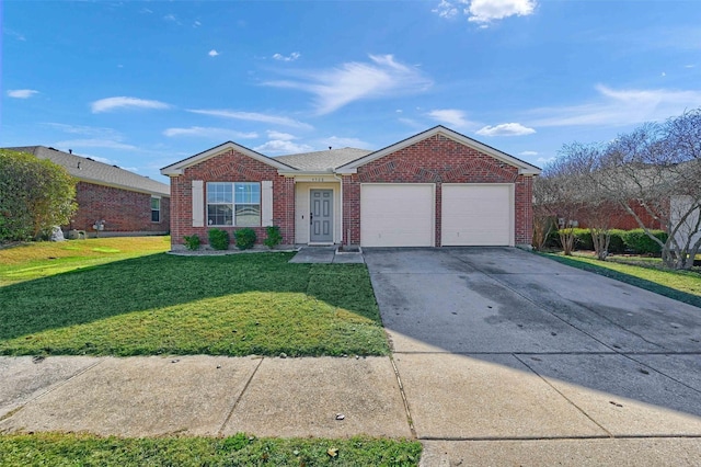 single story home featuring a garage and a front lawn