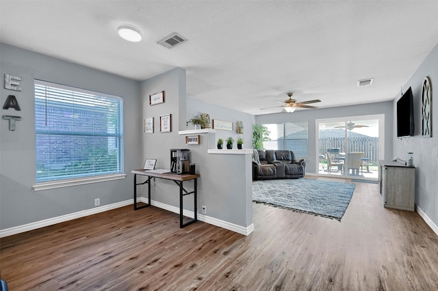 living room featuring hardwood / wood-style flooring and ceiling fan