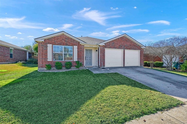 ranch-style house featuring a garage and a front lawn