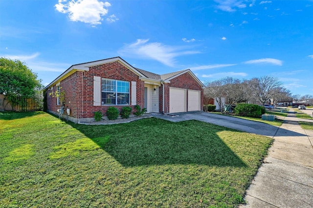 ranch-style house featuring a front yard and a garage