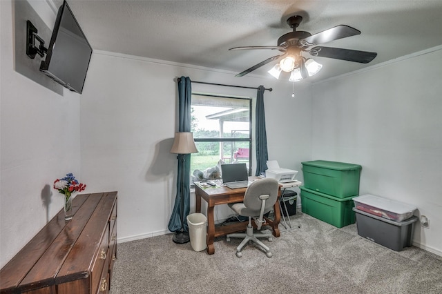 office space featuring light carpet, a textured ceiling, ceiling fan, and crown molding