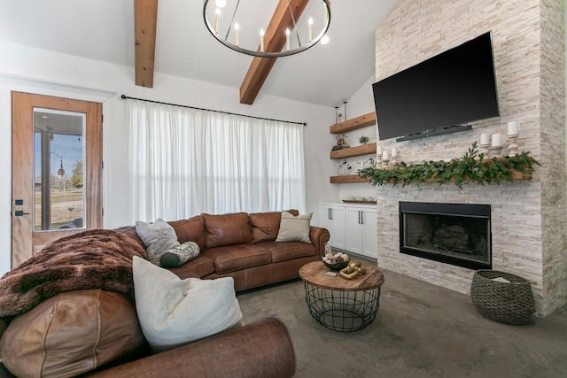 living room with a fireplace, beamed ceiling, concrete flooring, high vaulted ceiling, and a notable chandelier