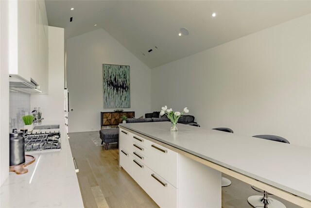 office featuring lofted ceiling and light hardwood / wood-style flooring