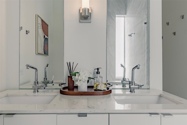 bathroom featuring walk in shower and vanity