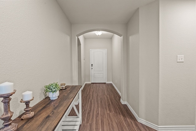 hallway with dark hardwood / wood-style flooring