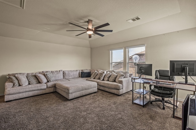 carpeted living room with lofted ceiling, ceiling fan, and a textured ceiling