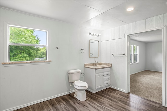 bathroom with toilet, vanity, and hardwood / wood-style flooring