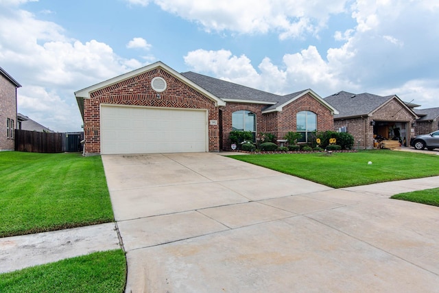 ranch-style home featuring a garage and a front lawn