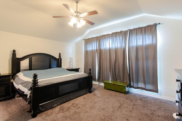 carpeted bedroom featuring ceiling fan and lofted ceiling