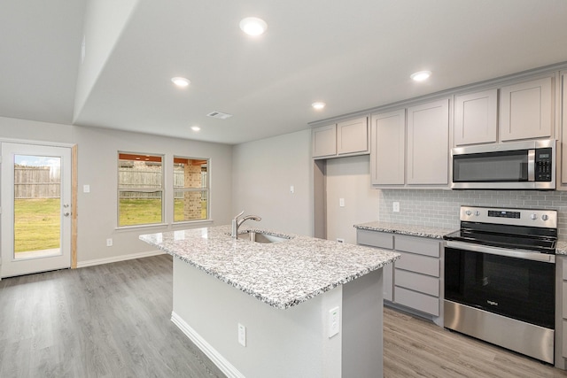 kitchen with sink, decorative backsplash, light stone countertops, an island with sink, and stainless steel appliances