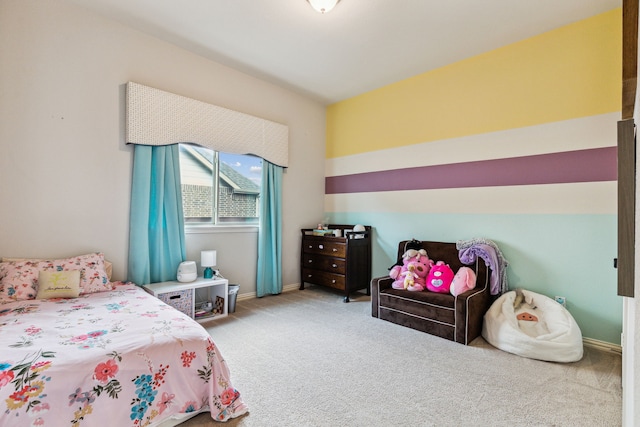 bedroom with light carpet