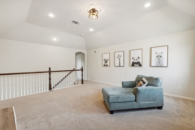 living area with light colored carpet, a raised ceiling, and lofted ceiling