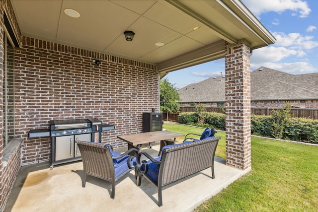 view of patio featuring an outdoor living space and a grill