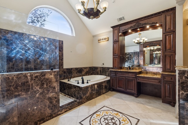 bathroom with high vaulted ceiling, a relaxing tiled tub, vanity, and tile patterned flooring