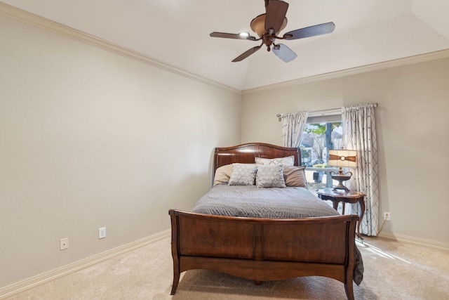 bedroom with ceiling fan, light carpet, and ornamental molding