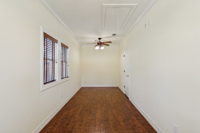 hallway featuring dark hardwood / wood-style floors and ornamental molding