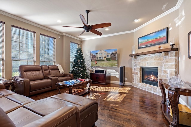 living room with ceiling fan, a stone fireplace, ornamental molding, and dark wood-type flooring