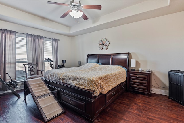 bedroom featuring dark hardwood / wood-style floors, a raised ceiling, and ceiling fan