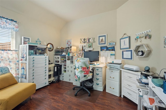 office area featuring dark wood-type flooring and vaulted ceiling