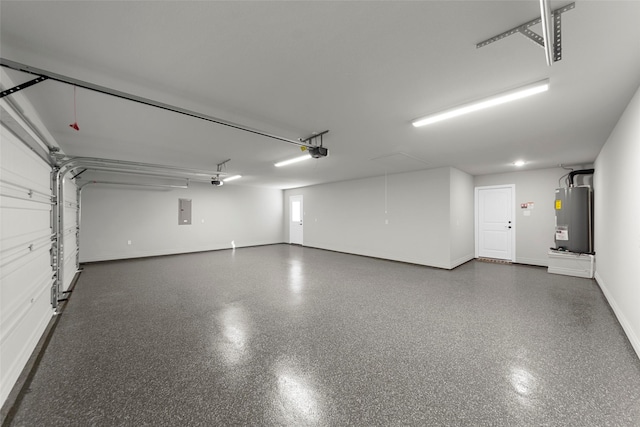 garage with electric panel, a garage door opener, and water heater