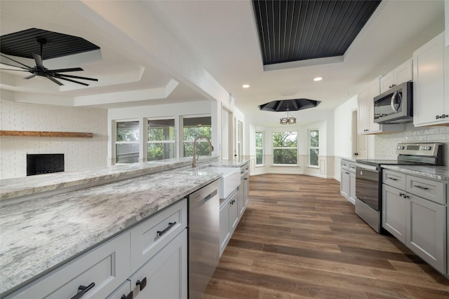 kitchen with white cabinetry, appliances with stainless steel finishes, a tray ceiling, and tasteful backsplash