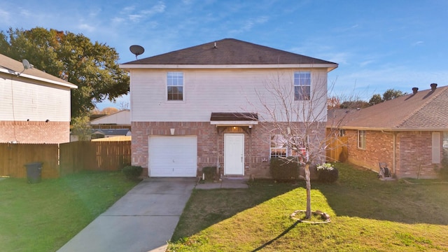 back of property with a garage and a lawn