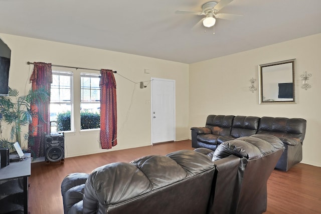 living room featuring ceiling fan and dark hardwood / wood-style flooring