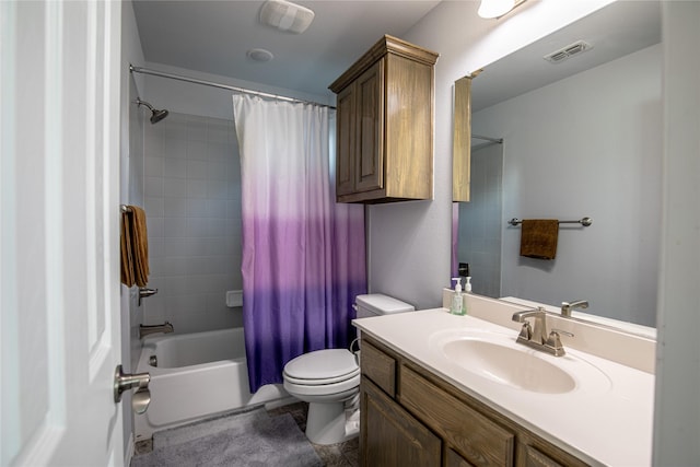 full bathroom featuring vanity, toilet, and shower / bathtub combination with curtain