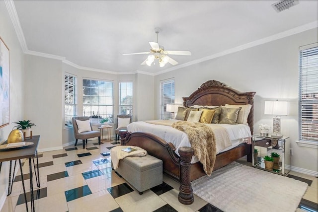 bedroom featuring ceiling fan and crown molding