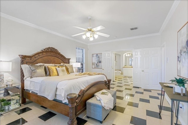 bedroom with ceiling fan, ensuite bathroom, and ornamental molding