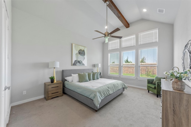 bedroom with ceiling fan, light colored carpet, and lofted ceiling with beams