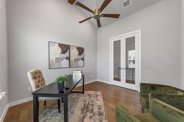 office area with french doors, dark hardwood / wood-style floors, ceiling fan, and lofted ceiling