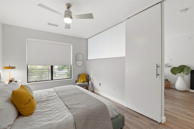 bedroom with ceiling fan and light wood-type flooring