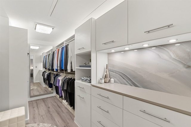 spacious closet featuring light hardwood / wood-style floors