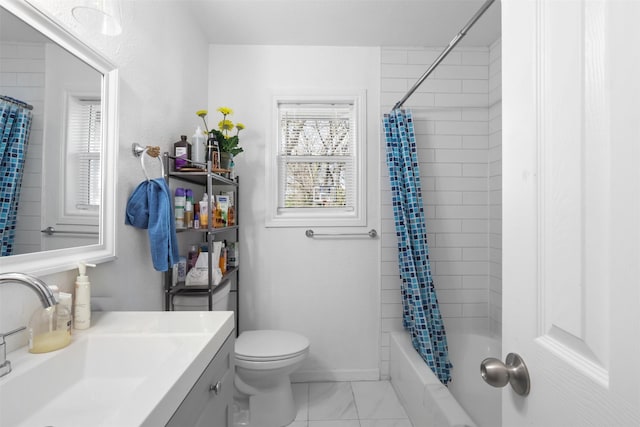 full bathroom with shower / bath combination with curtain, toilet, and vanity