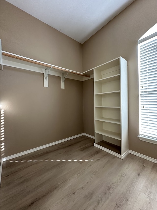 walk in closet with wood finished floors