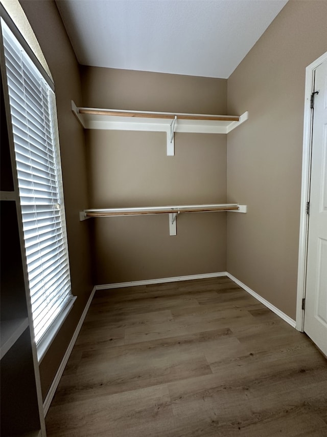 walk in closet with wood finished floors