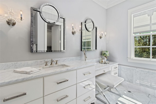 bathroom with vanity and ornamental molding