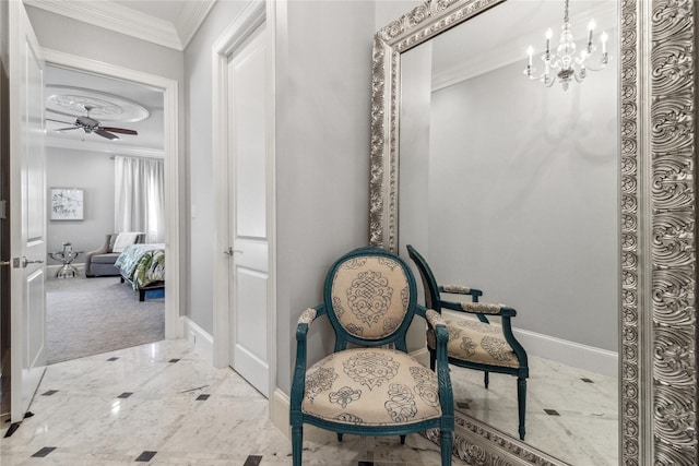 hallway with a chandelier and ornamental molding