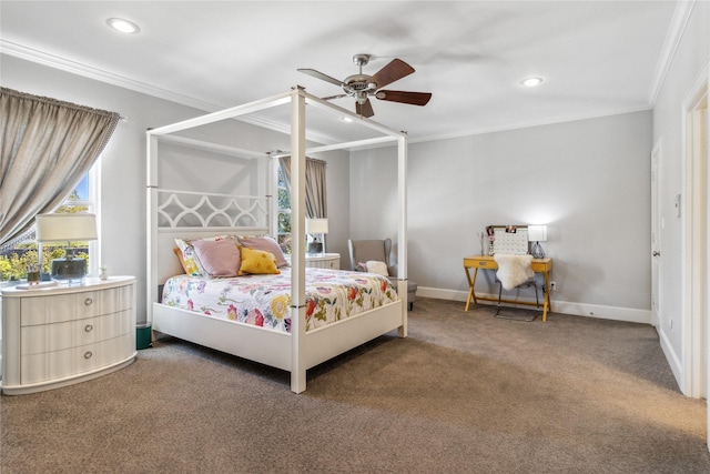 bedroom featuring carpet, ceiling fan, ornamental molding, and multiple windows