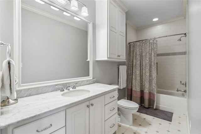 full bathroom with vanity, toilet, ornamental molding, and shower / tub combo with curtain