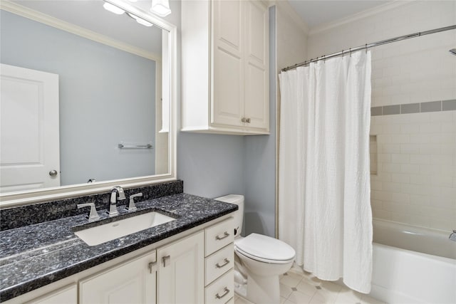 full bathroom with vanity, tile patterned floors, shower / bath combination with curtain, crown molding, and toilet