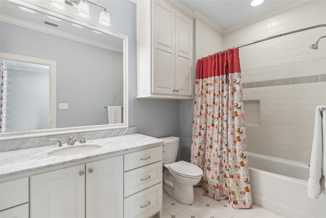 full bathroom with vanity, toilet, shower / bathtub combination with curtain, and crown molding